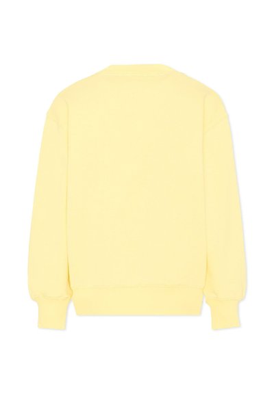 Effen lichtgele crewneck-trui, gezien vanaf de achterkant, met lange mouwen en geribbelde manchetten en zoom.