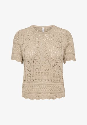 Haut beige à manches courtes en maille avec motifs en dentelle complexes et bords festonnés aux manches et à l'ourlet.