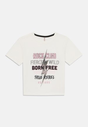 Bjela kratka majica s kratkim rukavima od pamuka, s grafikom u ružičastoj i crnoj boji koja prikazuje dizajn munje i podebljano slovo.