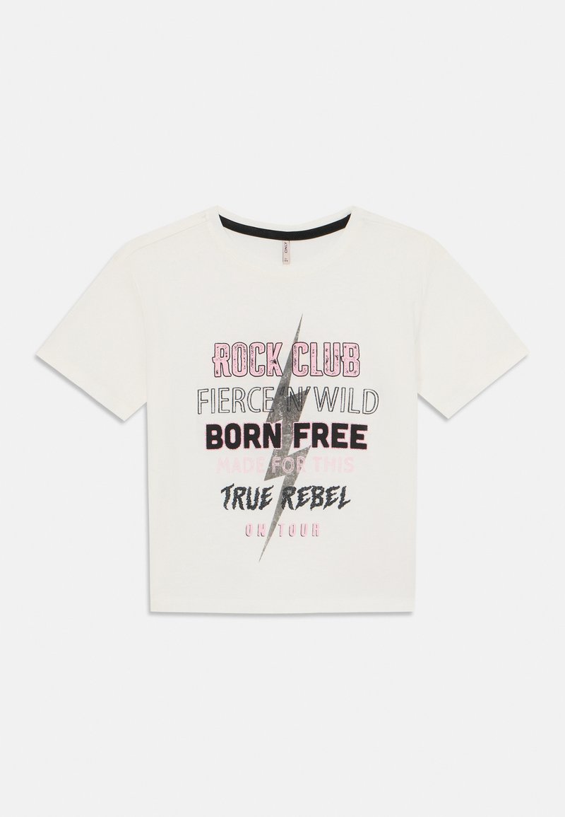 Λευκό κοντομάνικο μπλουζάκι από βαμβάκι, με γραφικό τύπωμα σε ροζ και μαύρο κείμενο με σχέδιο κεραυνού και έντονη γραμματοσειρά.