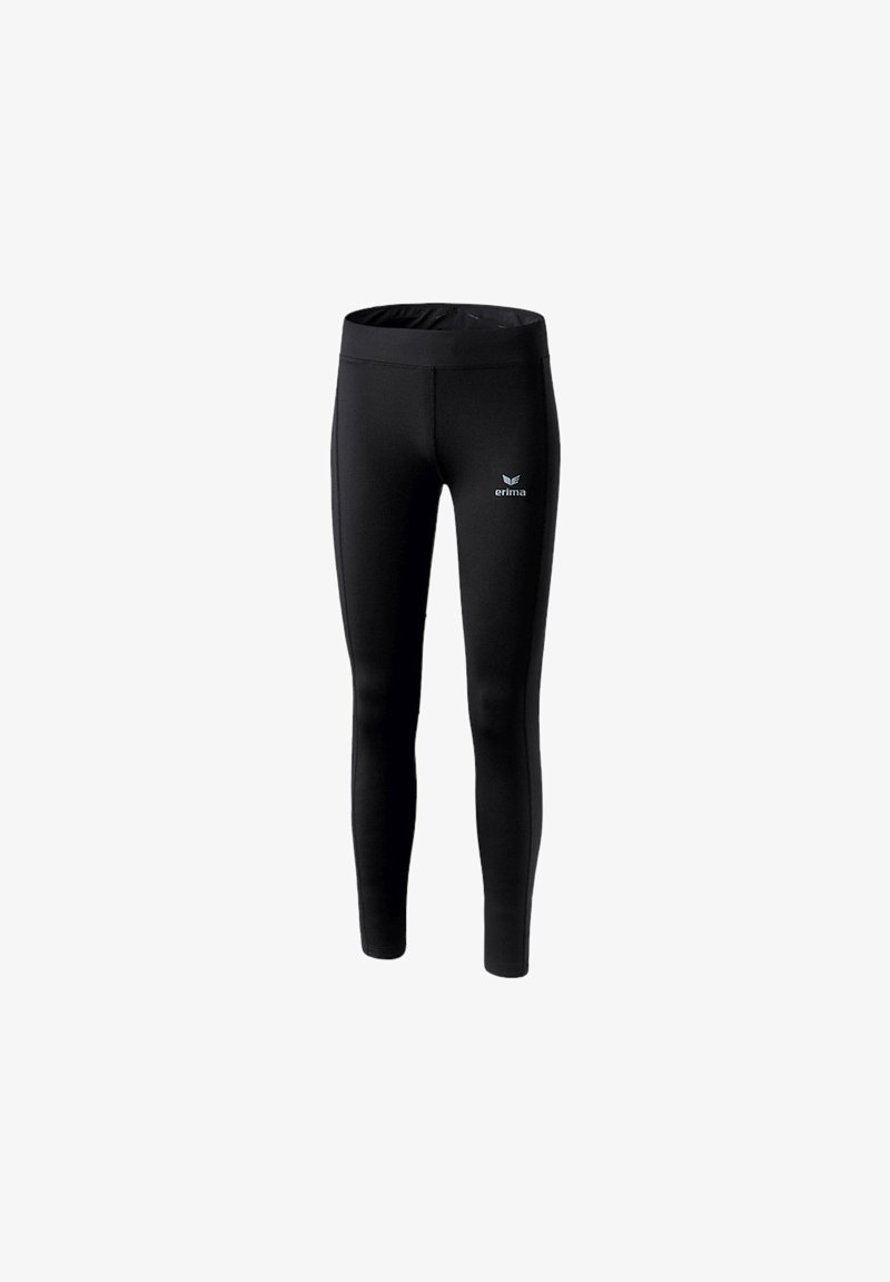 Schwarze sportliche Leggings mit hohem Bund, aus dehnbarem Stoff. Mit einem kleinen weißen Logo auf der linken Seite. Glatte Textur.