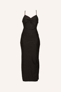 Black midi dress with thin straps, twisted neckline detail, and white polka dots throughout. Smooth texture, fitted silhouette.