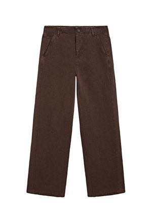 Braune Hose mit weitem Bein, vorne mit Knopf und Reißverschluss, seitliche Taschen und Gürtelschlaufen, flach auf weißem Hintergrund gezeigt.