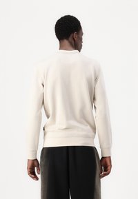 Beige genser med lange ermer, rund hals og ribbestrikkede mansjetter. Myk tekstur og enkel design, kombinert med mørke bukser.