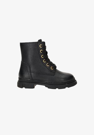 Bottines noires à lacets, en cuir texturé, avec des œillets dorés, une semelle en caoutchouc robuste et un renfort à l'avant.