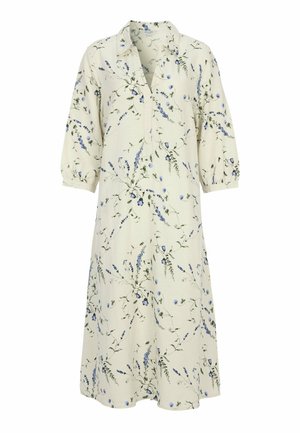 Lichtbeige jurk tot op de knie met driekwartmouwen, een kraag en een blauw bloemenprintpatroon.