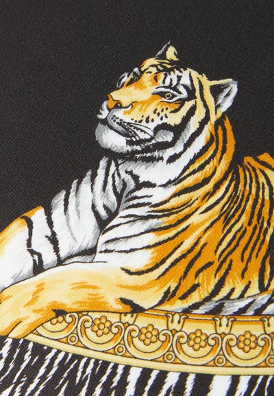 Illustration of a tiger in orange and black stripes, resting on a decorative golden pattern against a black background.