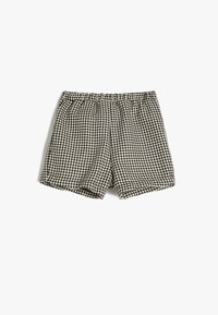 Schwarze und weiße Hahnentrittmuster-Shorts mit einem elastischen Bund, aus leichtem Stoff mit einem lockeren Schnitt.