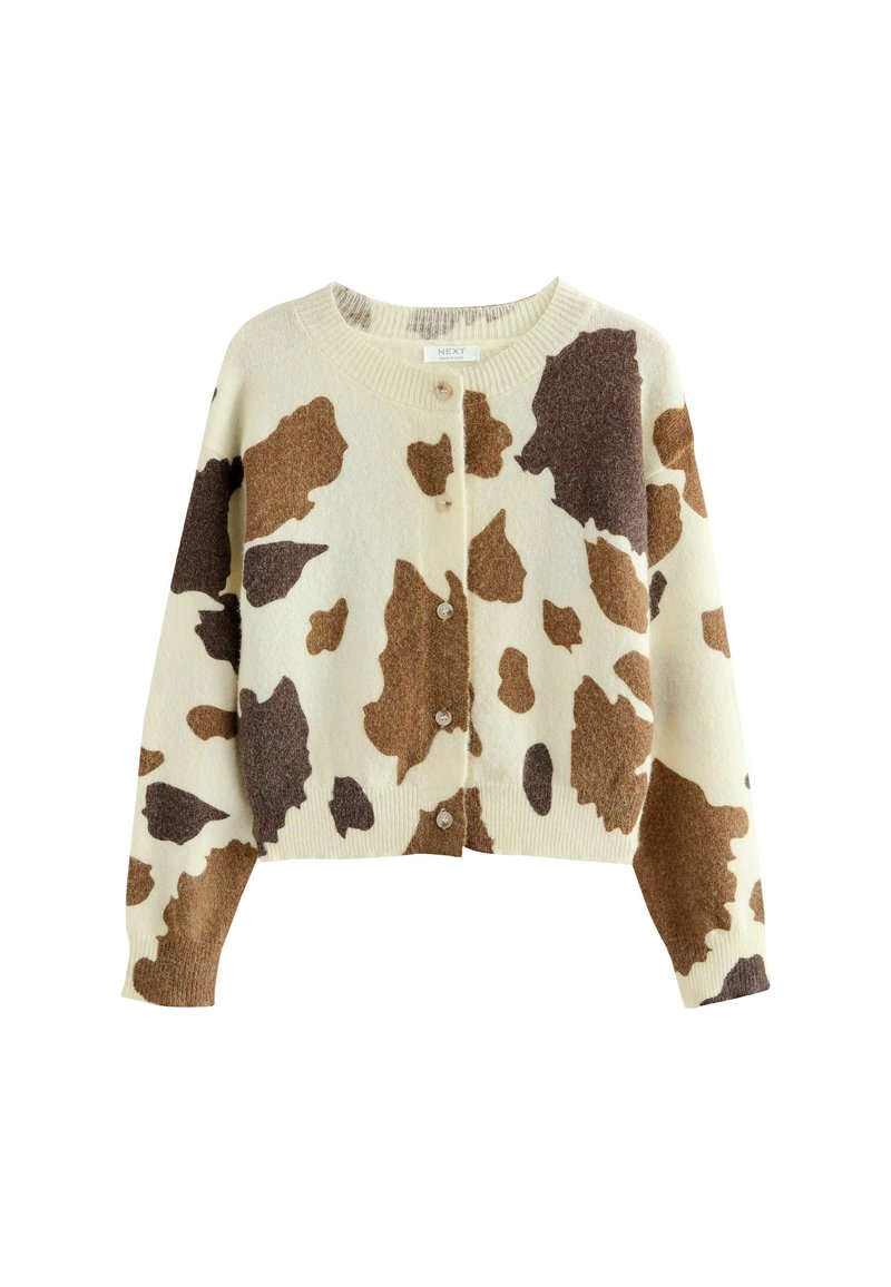 Knappad cardigan med en krämfärgad bas och brun ko-print. Mjuk textur, ribbad fåll och ärmar, med fem runda knappar.