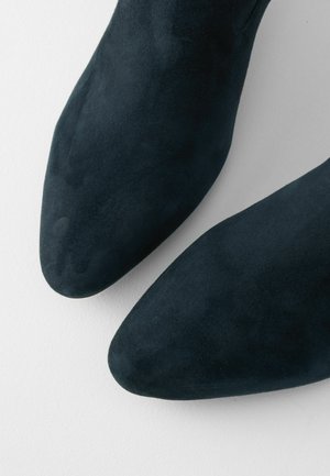 Botine din suede de culoare albastru închis, cu vârf ascuțit, având o textură fină și o siluetă elegantă.