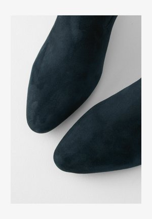 Botine din suede de culoare albastru închis, cu vârf ascuțit, având o textură fină și o siluetă elegantă.