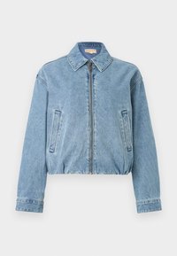 Φωτεινό γαλάζιο τζιν μπουφάν με γιακά, κλείσιμο με φερμουάρ, κοντό σχέδιο, δύο πλαϊνές τσέπες και ραφές λεπτομέρειες στα μ ανίκια.