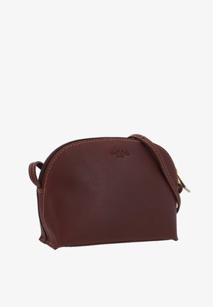Braune Lederhandtasche mit einer runden Form. Verfügt über einen Reißverschluss, einen kurzen Tragegurt und kontrastierende Zierstiche.