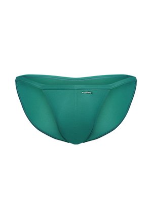 Grüne Herren-Schwimmhose mit schmalem Schnitt und kleinem "olaf benz" Markenlabel in der Mitte des vorderen Bunds, dargestellt auf weißem Hintergrund.