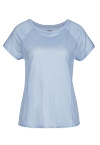 Helles blaues T-Shirt mit kurzen Ärmeln, aus weichem Stoff, mit einem runden Ausschnitt und Raglanärmeln mit kontrastierenden Nähten.