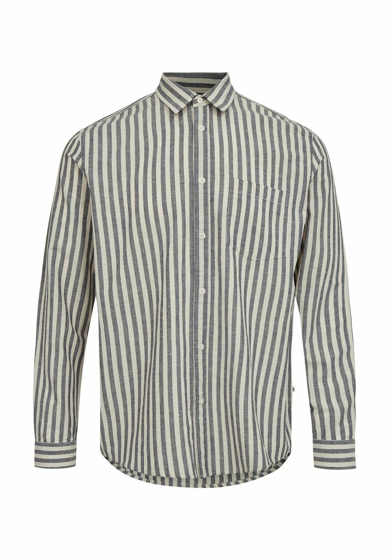 Gestreepte langelijfshirt met een button-down kraag. Gemaakt van lichtgewicht stof in grijs en crèmekleurige strepen, met een borstzak en een afgeronde zoom.