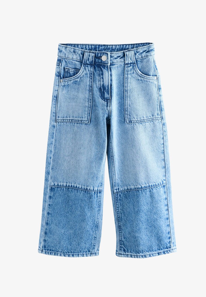 Light blue denim wide-leg pants with large front patch pockets and button closure at waist.
