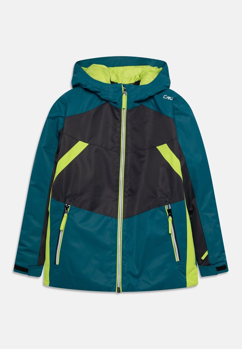 Giacca con cappuccio zip-in in blu petrolio, nero e verde lime; presenta un blocco di colori diagonale e due tasche con zip. Tessuto liscio e impermeabile.