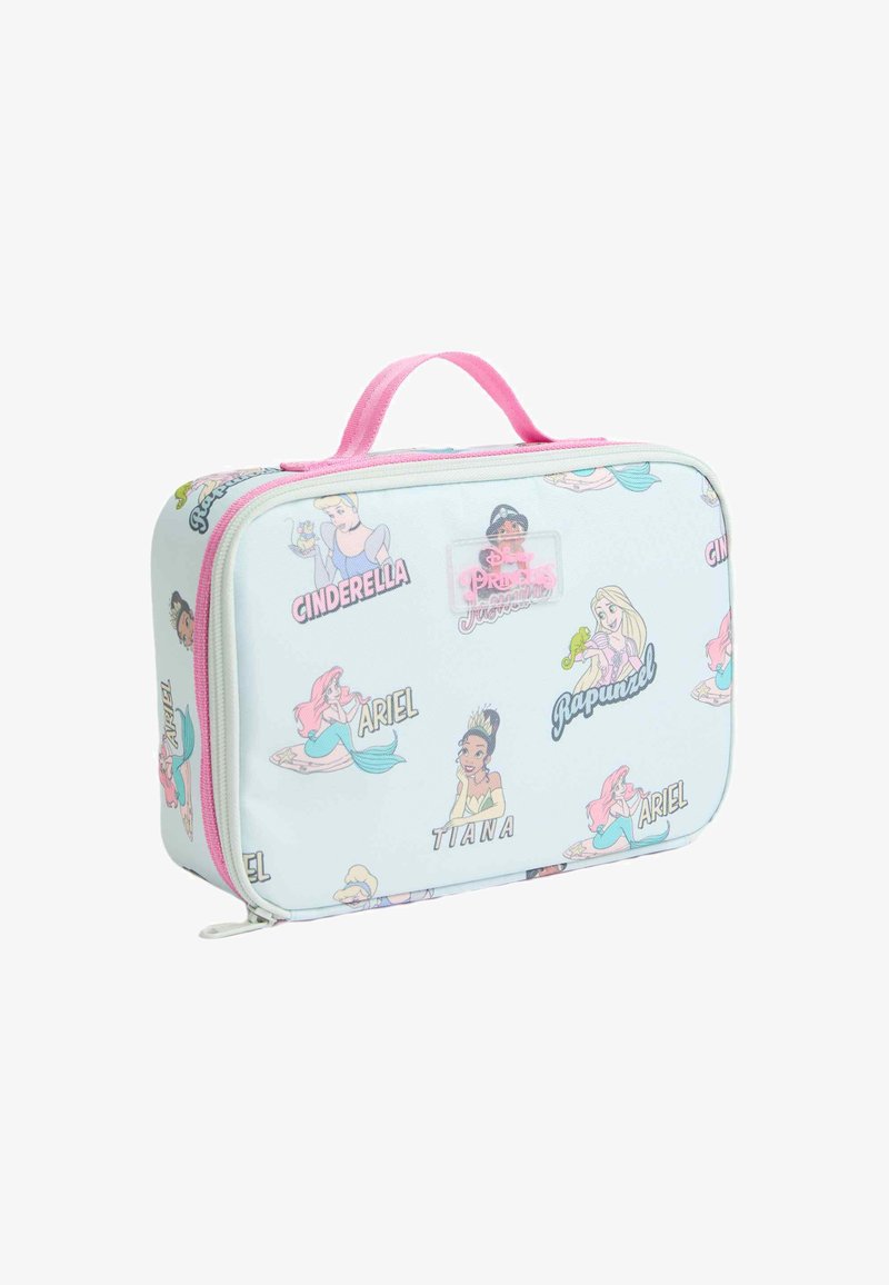 Zip-stängd toalettväska i pastellblått material, med rosa detaljer och motiv av Disney-prinsessor: Askungen, Ariel, Tiana och Rapunzel.