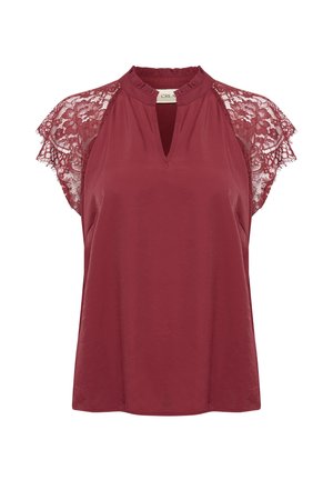 Bordo bluzica s čipkastim kraticama i dekolteom u obliku ključanice. Meki materijal s opuštenim krojem, elegantna čipkasta detalja naglašava područje ramena.