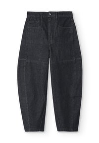 Tummat farkut, joissa on väljä istuvuus, nepparikiinnitys, kaksi etutaskua ja ommeltuja paneeleita. Sileä rakenne ja kapenevat lahkeet.