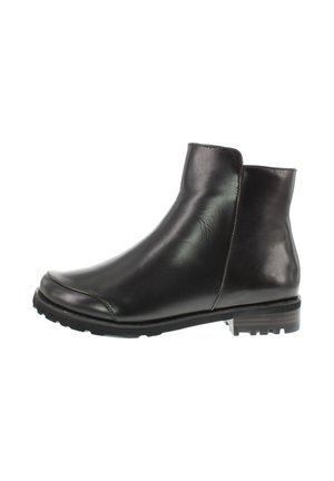 Black leather ankle boot with a rounded toe, low stacked heel, and treaded sole, shown from the outer side.