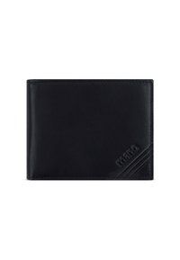 Schwarze Lederbrieftasche mit eingeprägtem Markennamen "maro" und drei diagonalen Linien in der unteren rechten Ecke, einfarbiger Hintergrund.