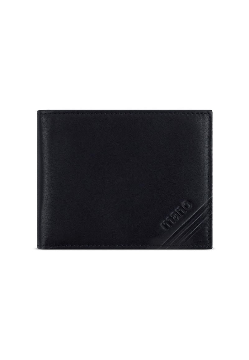 Schwarze Lederbrieftasche mit eingeprägtem Markennamen "maro" und drei diagonalen Linien in der unteren rechten Ecke, einfarbiger Hintergrund.