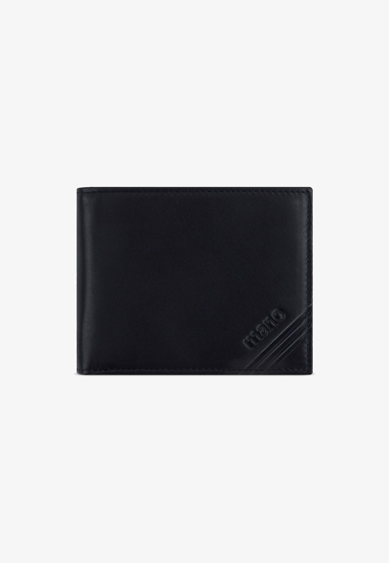 Schwarze Lederbrieftasche mit eingeprägtem Markennamen "maro" und drei diagonalen Linien in der unteren rechten Ecke, einfarbiger Hintergrund.