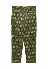 Zelené nohavice s kvetinovým vzorom, s piatimi vreckami a priliehavým strihom. Vyrobené z bavlny s hladkou textúrou.