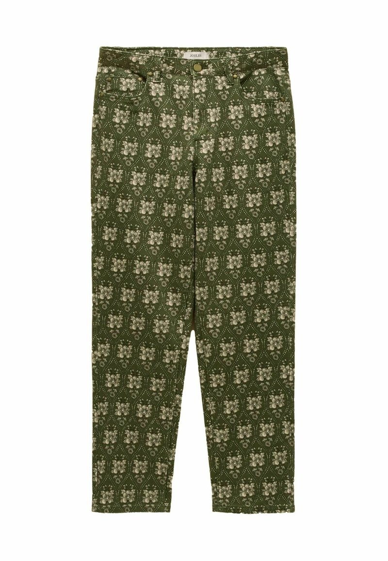 Zelené nohavice s kvetinovým vzorom, s piatimi vreckami a priliehavým strihom. Vyrobené z bavlny s hladkou textúrou.