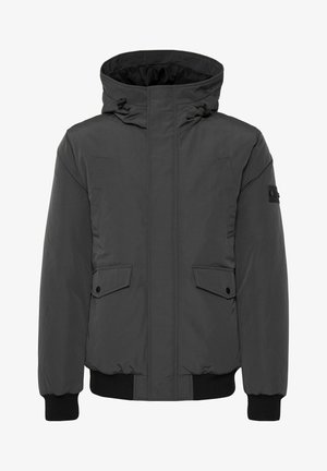 Gray padded jacket with a high collar and adjustable hood. Features two front pockets and ribbed cuffs for a snug fit.