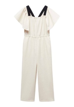 Offwhite jumpsuit med vidde ben, korte flagrende ærmer og sorte skulderstropper, med løs, rynket talje.
