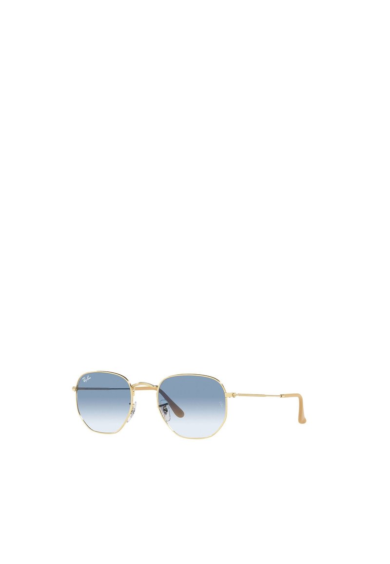 Gafas de sol de metal dorado con montura octagonal y lentes graduados en azul. Presentan patillas delgadas y extremos de goma para mayor comodidad.