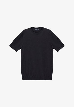 Schwarzes T-Shirt mit kurzen Ärmeln und Rundhalsausschnitt, aus weicher Baumwolle gefertigt, mit geradem Schnitt und einheitlicher, solider Textur.