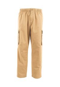 Beige cargobroek met een elastische taille, zijzakken en een recht model. Gemaakt van een lichte, gladde stof.