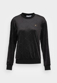 Černá velurová mikina Adidas s jemně embosovaným vzorem trojlístku, žebrovanými manžetami a spodním lemem a malým zlatým logem trojlístku na hrudi.