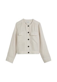 Lys beige linned jakke med lange ærmer, rund hals, to brystlommer og sorte knapper ned foran. Glat tekstur, cropped design.