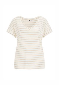 V-ringad t-shirt i krämfärgad tyg med beige horisontella ränder, med korta ärmar med upplockade muddar och en avslappnad passform.