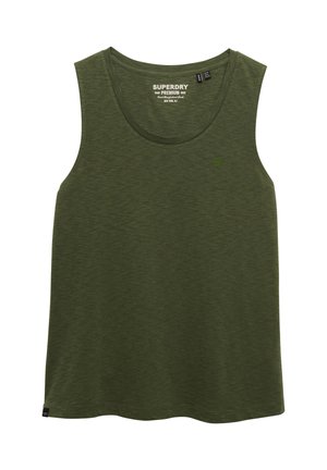 Mouwloze olijfgroene Superdry Premium tanktop met ronde hals en subtiel geborduurd logo op de linkerborst.