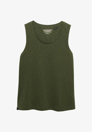 Mouwloze olijfgroene Superdry Premium tanktop met ronde hals en subtiel geborduurd logo op de linkerborst.