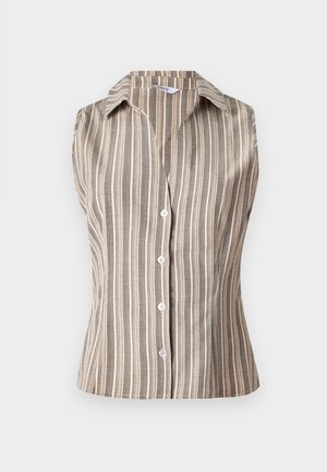 Sleeveless, collared shirt in tan with white vertical stripes. Features front buttons and a fitted design. Textured, lightweight fabric.