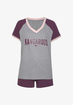 Gray short-sleeve pajama set with a V-neckline. Features purple raglan sleeves and shorts, with "KANGAROOS" printed in bold lettering.
