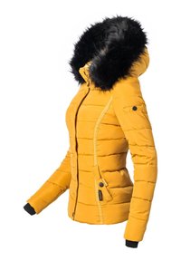 Yellow puffer jacket with black faux fur hood, quilted design, zip and snap closures, side pockets, and black ribbed cuffs.