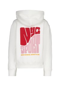White hoodie with a large graphic on the back reading "NyC SporT" in red and pink with an orange accent for "HIGH SCHOOL SPORT CLUB."