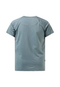 T-shirt uni bleu clair à manches courtes, vu de dos, avec un col rond et des détails de coutures visibles sur fond blanc.