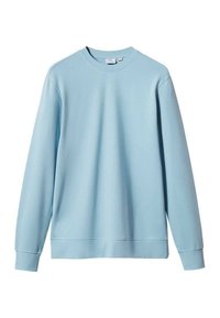 Felpa azzurra chiara realizzata in tessuto morbido, caratterizzata da un collo rotondo, maniche lunghe e polsini e bordo a coste, con una texture liscia.