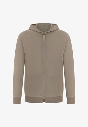 Jasnobrązowa bluza z kapturem zapinana na zamek, z prążkowanymi mankietami i ściągaczem u dołu, dwoma przednimi kieszeniami oraz gładkim, teksturowanym wykończeniem tkaniny.