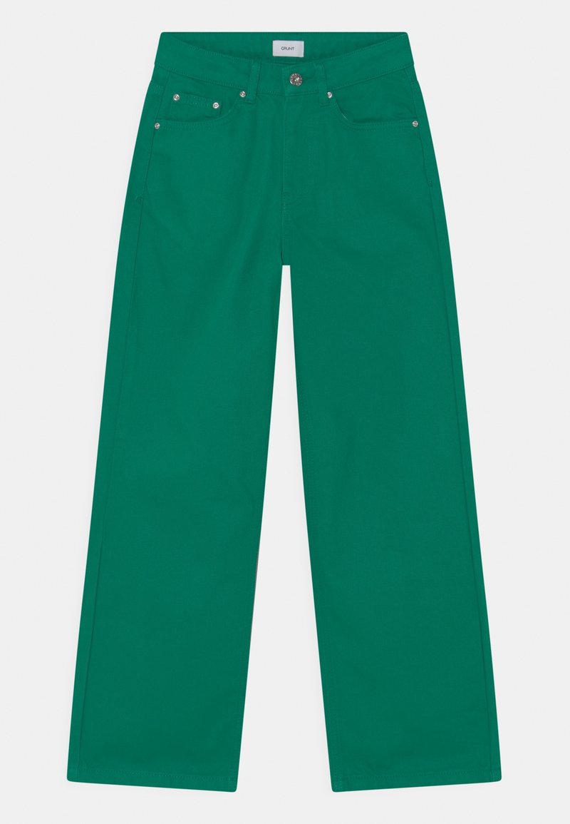 Gröna vida byxor med framlomm pockets, bältesöglor, knäppning och synlig sömnad på en vit bakgrund.