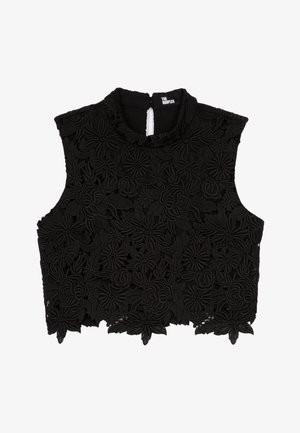 Čierny bezrukávový skrátený top s kvetinovou čipkou a vlnitým lemom, s vysokým golierom a zadným zapínaním na gombík.